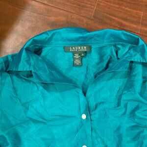 silk turquoise ralph lauren blouse with puffy sleeves